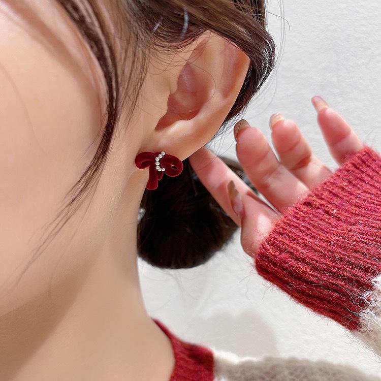 Elegant Red Flocking Bow Stud Earrings - Versatile, High-End Fashion Accessories