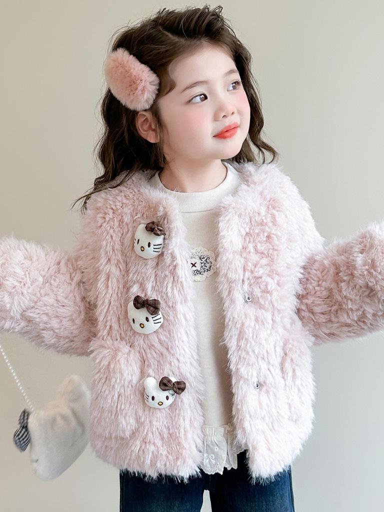Girls' Faux Fur Fuzzy Coat - 2025 Fashionable Fleece-Lined Autumn/Winter Sweater for Children