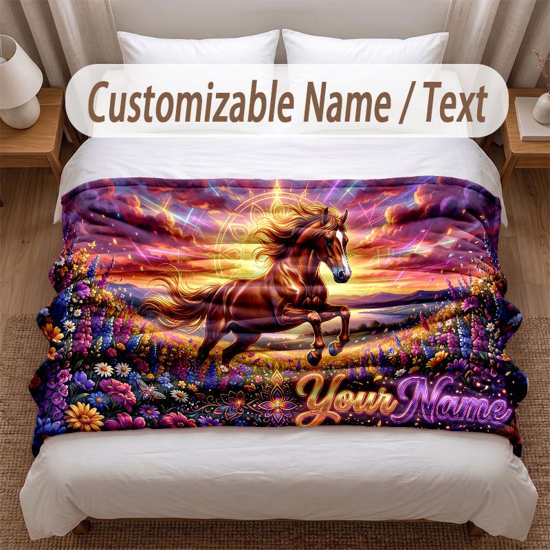Coperta Morbida a Tema Cavallo Personalizzata con Nome Testo Stampato Coperta Calda Decorazione Divano Casa Camera da Letto