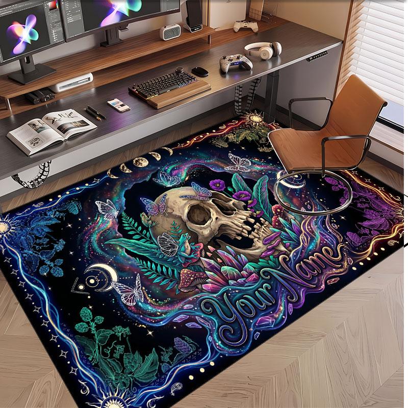 Totenkopf Gothic Thema Weicher Kristall-Samt Teppich Benutzerdefinierter Name & Text Druck Rutschfester Boden Teppich für Schlafzimmer Wohnzimmer