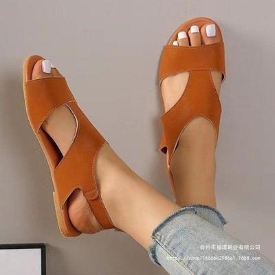 Ein-Wort-Schnallensandalen Damen 2025 Frühling neu große Größe 43 Sandalen flach runder Kopf Strand Damen-Sandalen