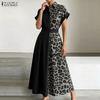 ZANZEA Women Casual Turn Down Collar Summer Short Sleeve Leopard Print Dress