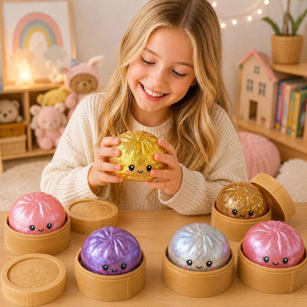 2 Pack Squishy Stress Relief Dumpling Mats with Expressions, Surprise Box, Slow Rising Toy, Anti-Stress Gift for Kids & Adults