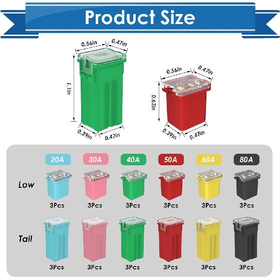 36Pcs Jcase Fuse Car Fuses Assortment Kit Automotive Tall/Standard and Low Profile Jcase Box Shaped Automotive Fuses for Trucks Cars and SUVs (20A,