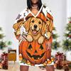 Women Plus Size V Neck Long Sleeve White Printed Straight Dress Cute Witch Raccoon Pumpkin Pattern