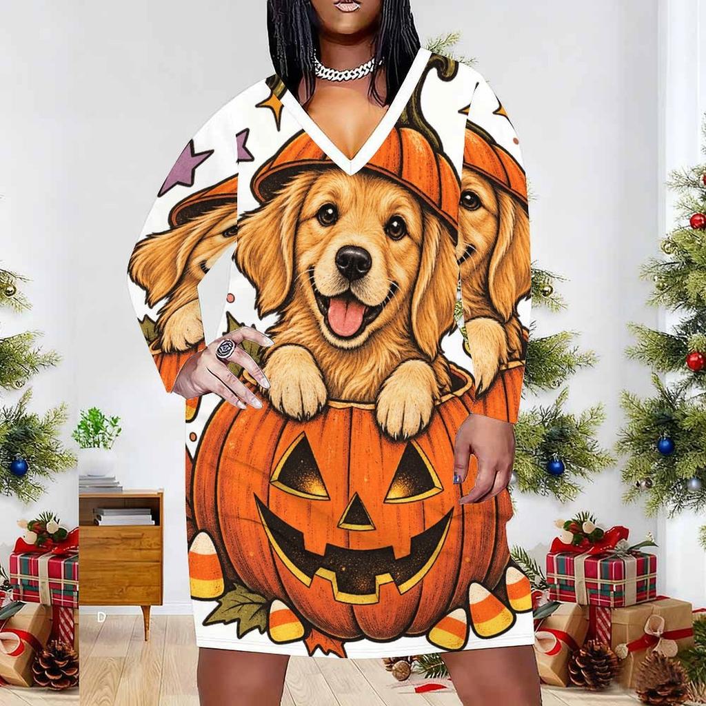 Women Plus Size V Neck Long Sleeve White Printed Straight Dress Cute Witch Raccoon Pumpkin Pattern
