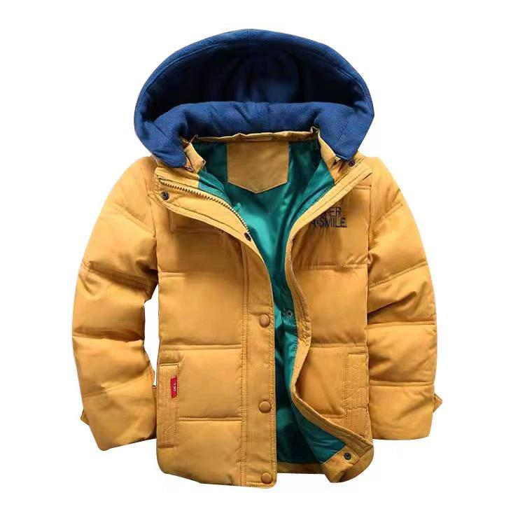 

Winter Boys Jacket Solid Color Splicing Thick Hooded Parka For 3 4 5 6 8 10 Years Teen Kids Warm Down Cotton Snow Clothes 130 жовтий