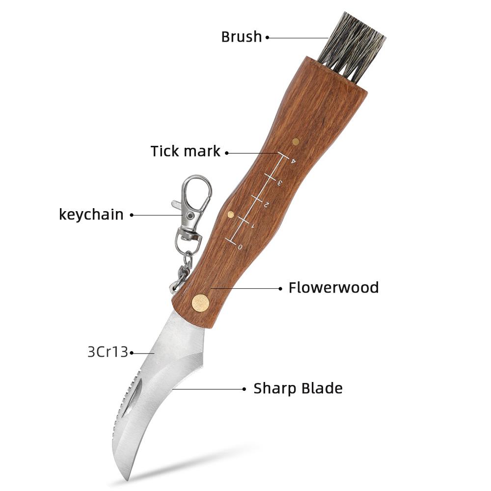 Mini Mushroom Knife Kitchen knives Stainless Steel Wooden Handle with keychain Brush Sharp Multifunctional Folding Knife Brush