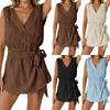 Women Sleeveless V Neck Mini Dress Casual Loose Fit Wrap Waist Design Lightweight Fabric for Daily Wear Vacation Office