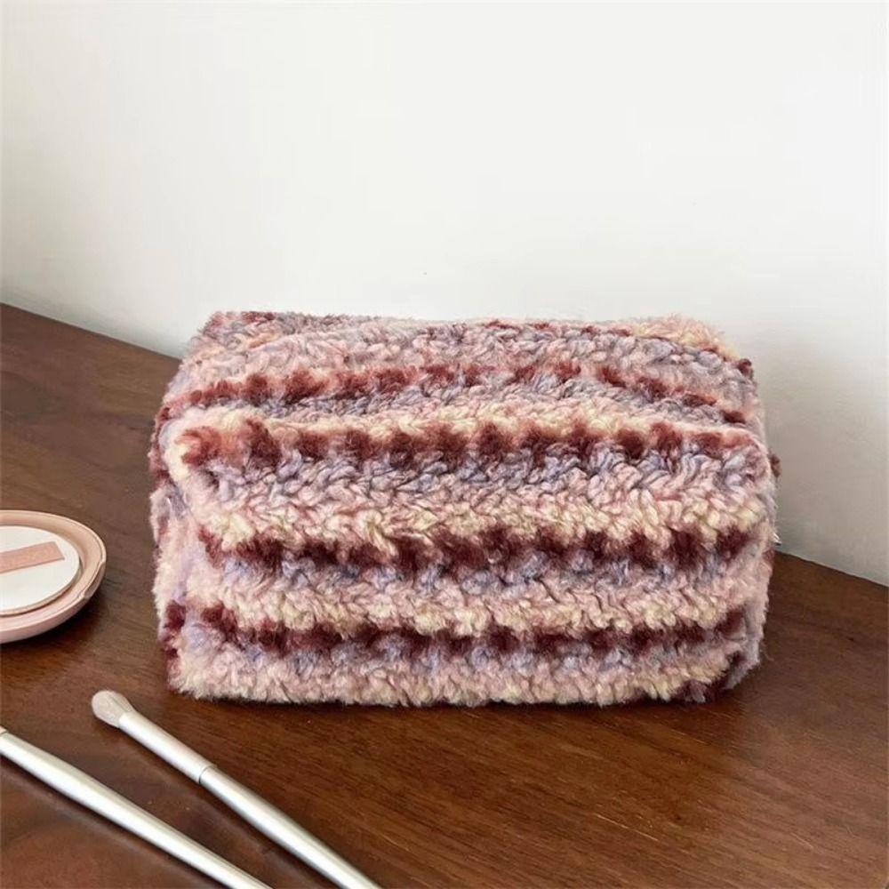 Large Capacity Plush Striped Makeup Bag Vintage Make Up Organizer Women's Cosmetic Bag  Daily Use