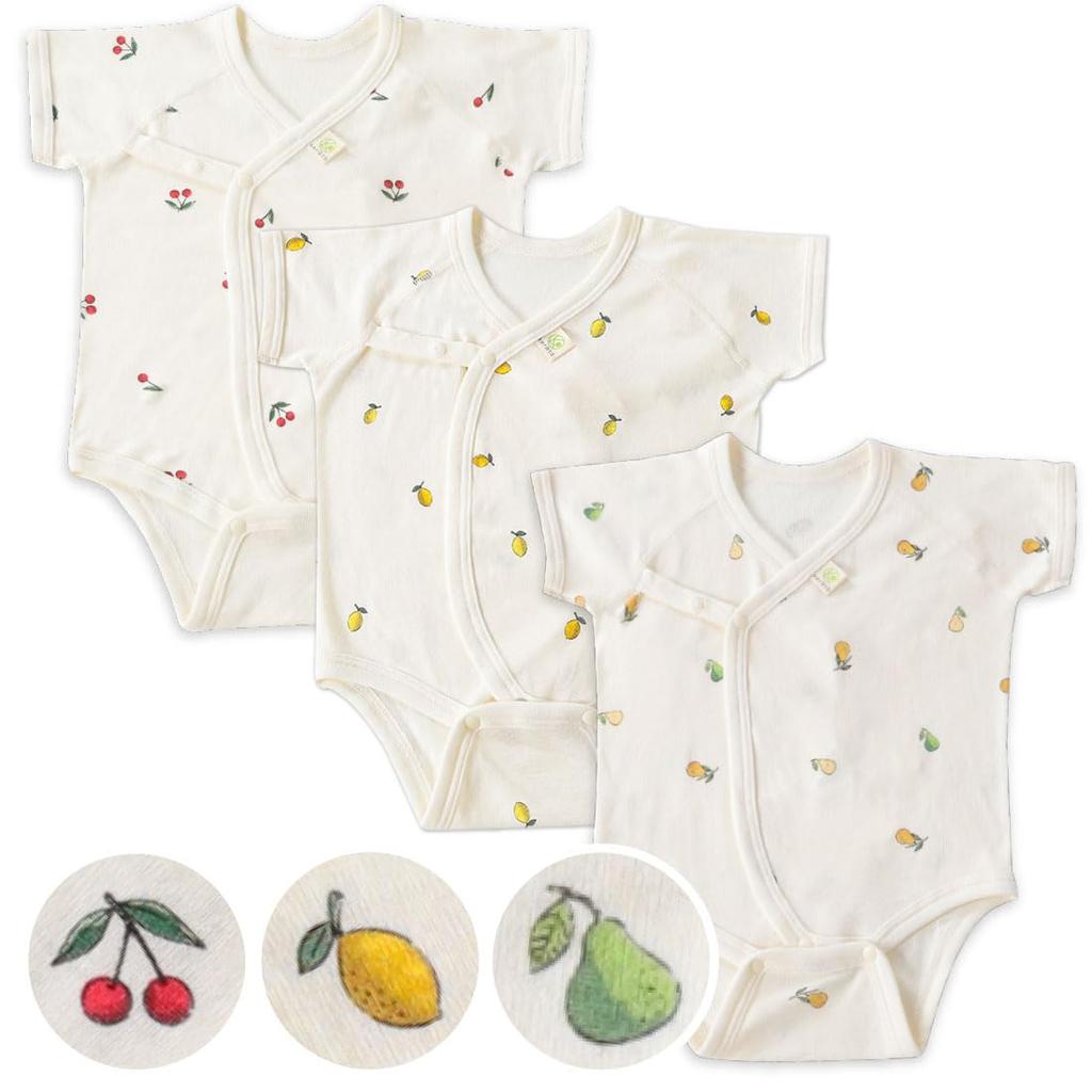 Keratta Baby Bodysuit Romper, Short Sleeve, Size 70, 100% Cotton, Summer (Set of 3, Cherry, Lemon, and Pear)