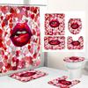 Romantic Red Lip Black Fabric Shower Curtain Set Toilet Lid Cover Bath Mat Valentine'S Day Bathroom Curtains With Hooks Decor