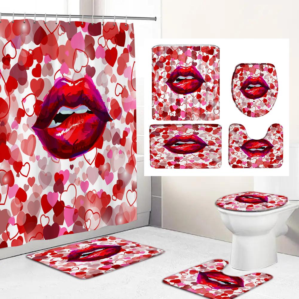 Romantic Red Lip Black Fabric Shower Curtain Set Toilet Lid Cover Bath Mat Valentine'S Day Bathroom Curtains With Hooks Decor