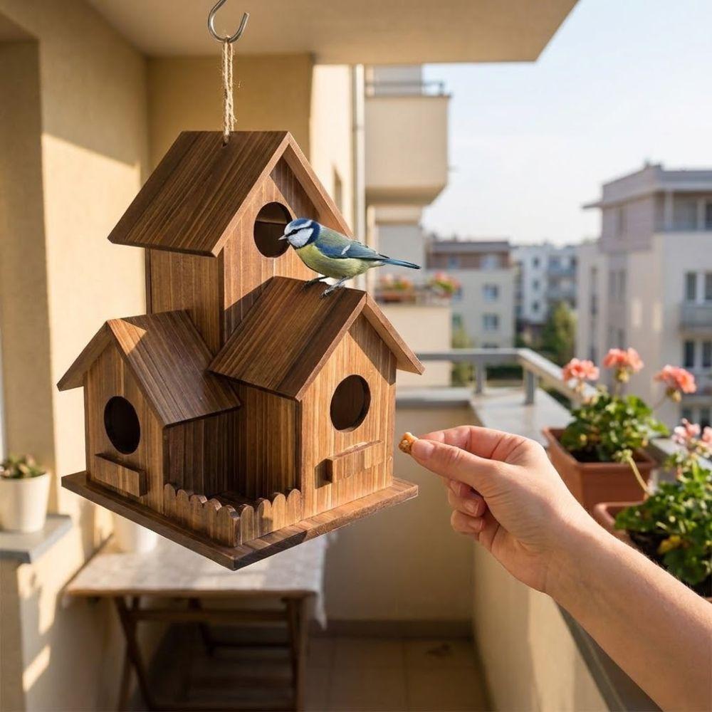 3 Chambers Wooden Bird House Incubation Box Thickened Hanging Birdhouse Rustic Weather Resistant Bird Villa Nest Backyard