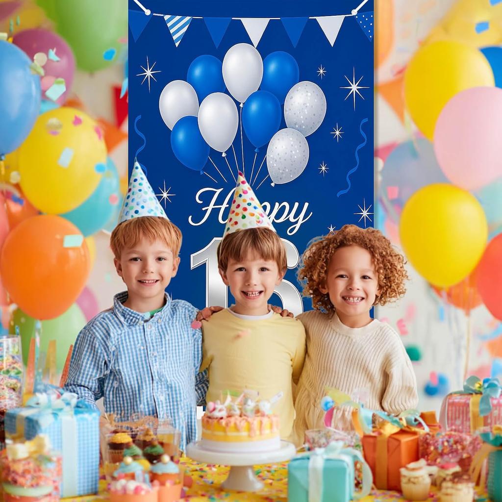 16th Birthday Door Cover 71x35 Inch Blue and Silver Birthday Banner for Party Decorations Balloon Ribbon Backdrop Sign for Boys Girls Teens Photo