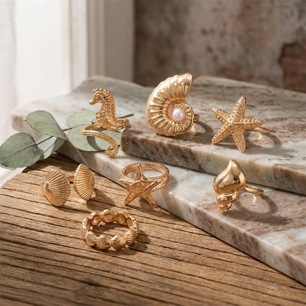 7Pcs Ocean Ring Set for Women Golden-Tone Stackable Starfish Seahorse Conch Faux Pearl Beach Vacation Resort Jewelry