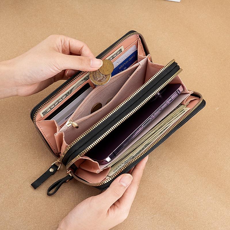 New women's wallet, fashionable double-layer zipper, long clutch bag, lychee pattern mobile phone bag, thick and multi-card space, large capacity