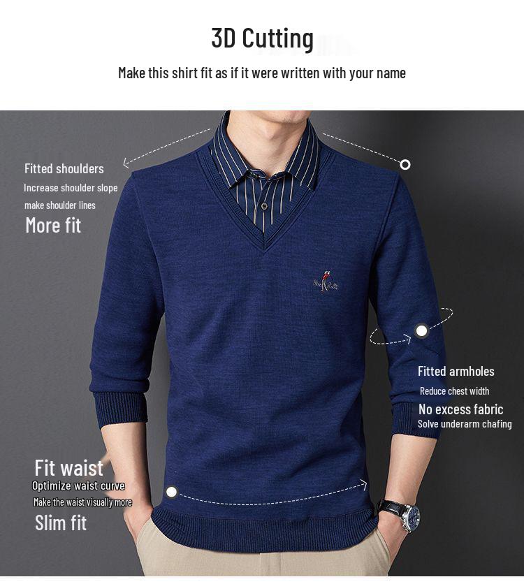 Romon Men's Winter V-Neck Sweater: Faux Two-Piece, Thick Velvet, Warm Knitwear for Middle-Aged and Elderly
