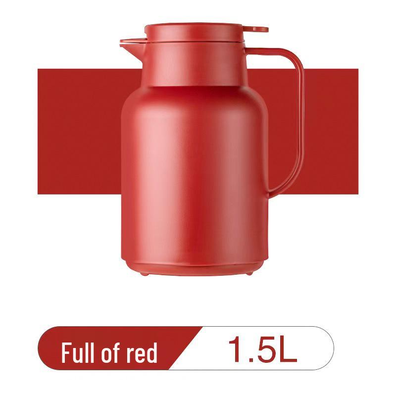 1.5L Red Insulated Hot Water Kettle - Large Capacity Borosilicate Glass Thermos for Home Use.