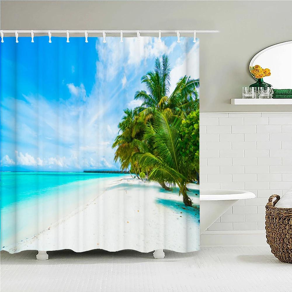 Ocean Sunrise Shower Curtain Summer Beach Tropical Palm Tree Hawaiian Sunset Coastal Scenery Sea Wave Bath Curtain With Hooks