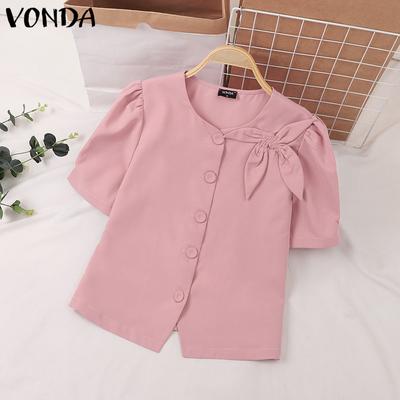 Women Casual Round Neck Short Sleeve Tie Solid Color Loose Blouse