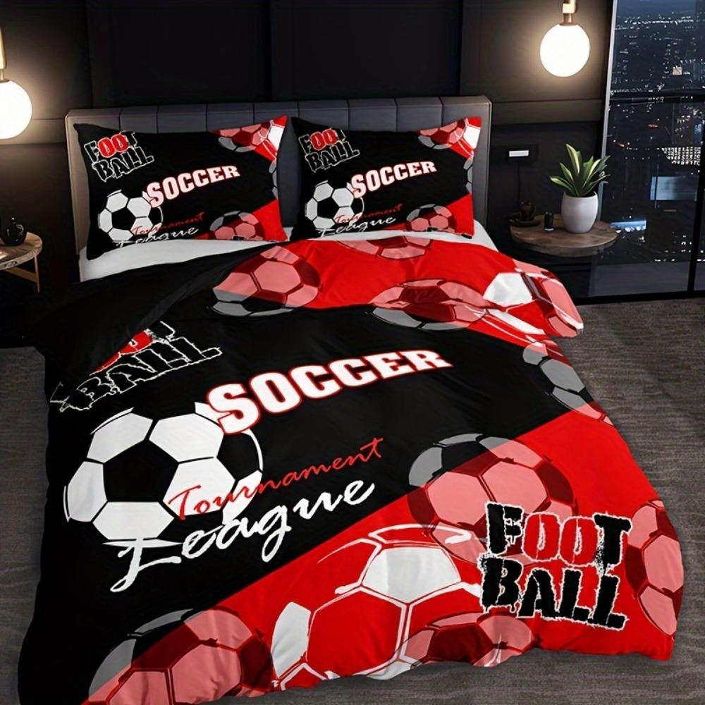 3-teiliges Bettwäscheset Schwarz Rot Fußball-Druck Gemütliches Bettbezug-Set King Queen Twin Einzelgröße Geburtstagsgeschenk Schlafzimmerdeko für Erwachsene