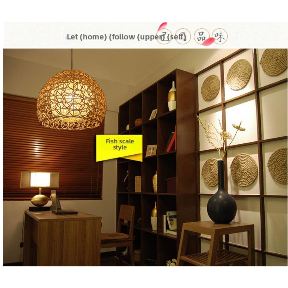 35cm Hand-woven Rattan Art Chandelier Round Fish Scale Bamboo Weaving Lamp Pastoral Retro Balcony Restaurant Chandelier
