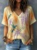 Women's Leaf Print V Neck T-Shirt, Short Sleeve Casual Tops, Stylish Autumn Vibe Daily Wear for Spring & Summer
