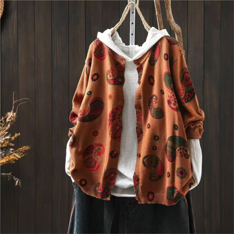 Johnature Women Vintage Knitted Sweaters O-Neck Long Sleeve Autumn Button Print Floral Female Loose Sweaters