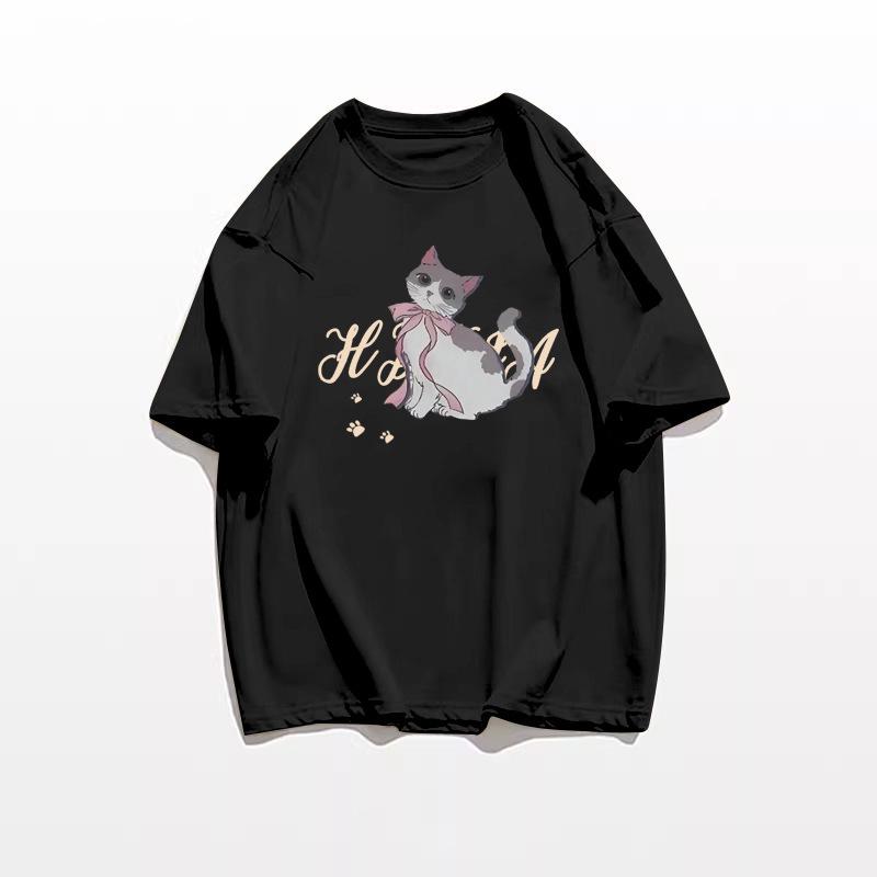 

Женская хлопковая футболка с ретро-мультяшным котом 2025 года - Летняя свободного кроя XXL Premium чёрный