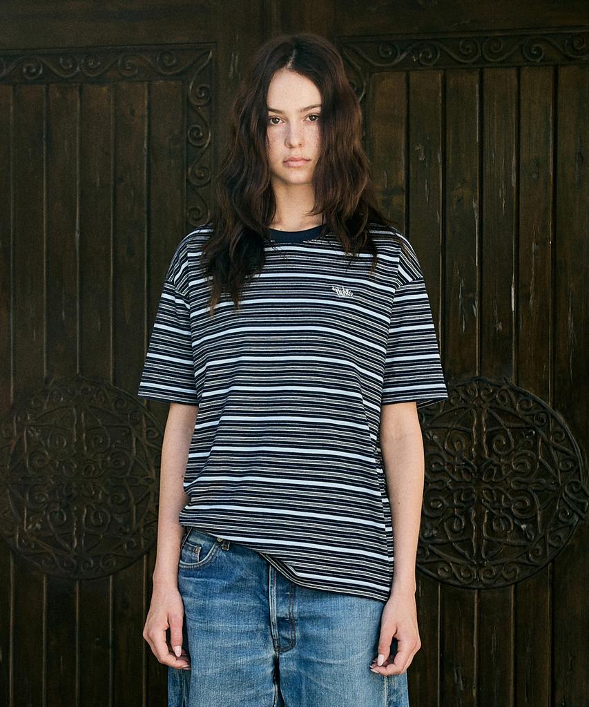 Peullukeu Retro Striped Short Sleeve T-Shirt Navy Fst343