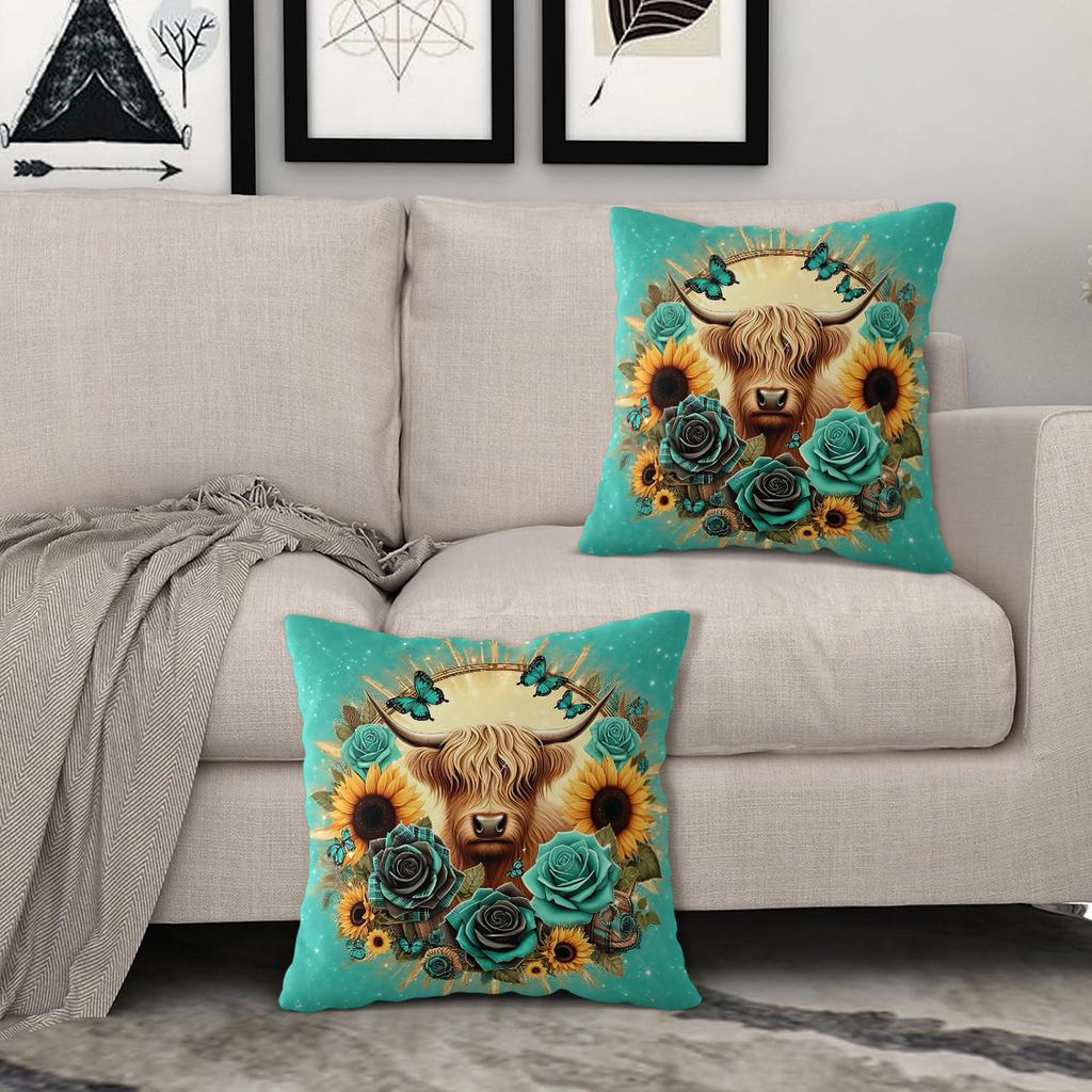 Vibrant Sunflower Highland Cow Pattern Pillow Case Short Plush Print Cushion Cover Square Throw Pillow Covers Sofa Home Decor