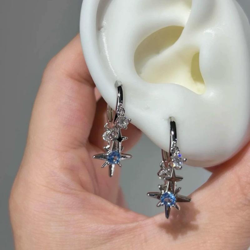 Y2K Blue Zircon Eight-Pointed Star Pendant Earrings For Women  Color Star Tassel Ear Buckle Minimalist Design Jewelry Gift