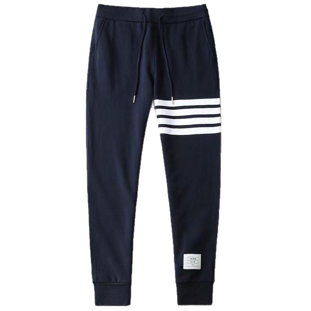 High-Quality Yarn-Dyed Four-Stripe All-Cotton Sweatpants, Unisex Casual Sports Series with Cuffed Long Pants