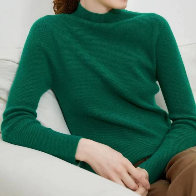 IHUASU Women's Semi-high Neck Wool Sweater Women 100% Pure Wool Slim Cashmere Knitting Bottoming Tight Inner Jumper