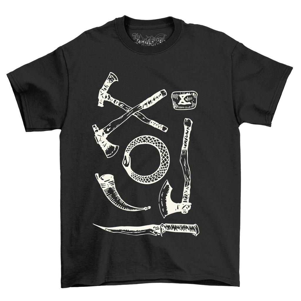 T-shirt 'Strumenti e Armi Vikinghe' - Conquista con Stile! Design di ispirazione norrena, Unisex F