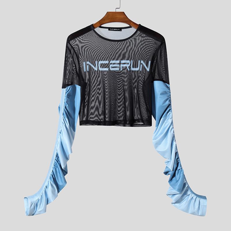 

INCERUN Men O Neck Twisted Long Sleeve Patchwork Mesh Sheer See Through Tops T-shirts 3XL