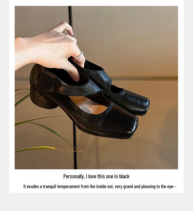Women's Genuine Leather Ballet Flats, Autumn 2024, Square Toe, Chunky Heel, Vintage Low-Cut Mary Jane Shoes