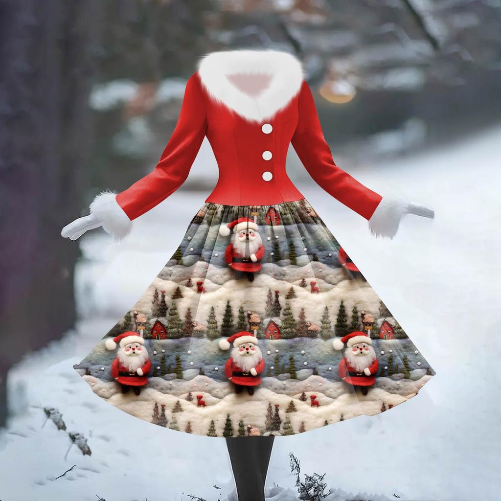 Women's Casual Dress Long-Sleeve V-Neck Patchwork Fleece Christmas Print Dress