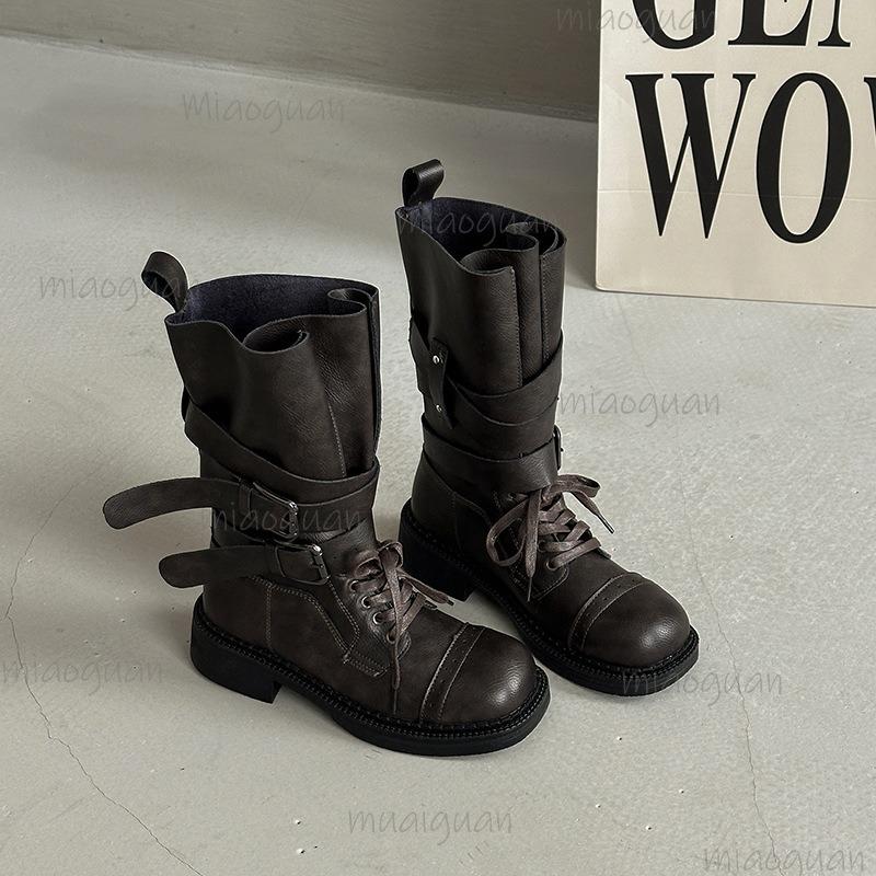 Design Metal Belt Buckle Mid Calf Boots Women 2025 Punk Medium Heel Western Cowboy Boots Autumn Winter Shoes Women 35 36