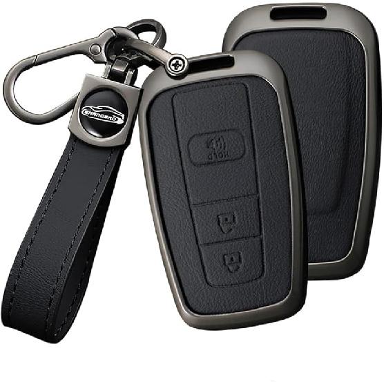 

HIBEYO 3 Button Key Fob Cover Compatible with Toyota 4Runner 2016-2024 RAV4 Camry Prius Prado Key Leather & Alloy Key Cover Accessories with A Keychain Black