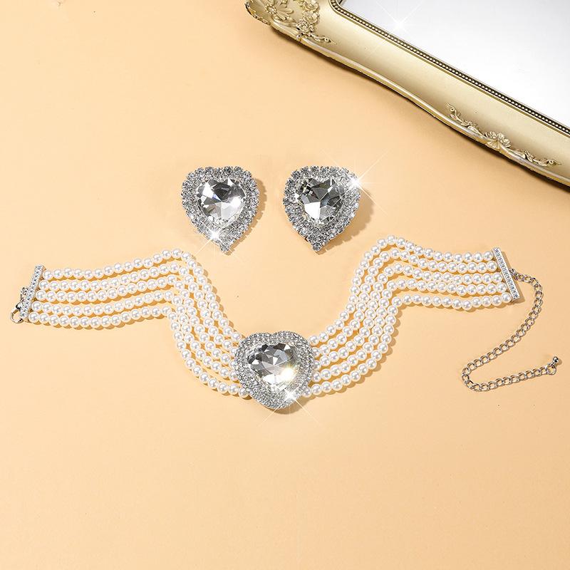 Exaggerated Multi-layer Imitation Pearl Peach Heart Crystal Necklace Earrings Set Bridal Love Rhinestone Neck Chain Women