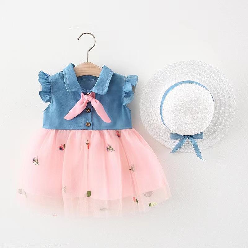 Girls Summer Denim And Tulle Spliced Princess Dress Sweet Cute Children Skirt