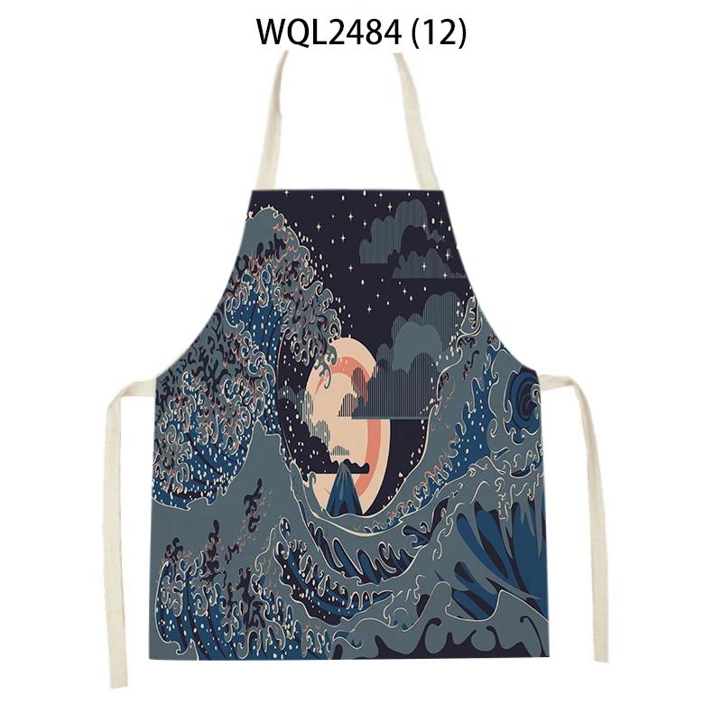 Japanese Style Kitchen Waves Sunrise Print Aprons for Women Linen Pinafore Bibs Household Cleaning Home Cooking Apron