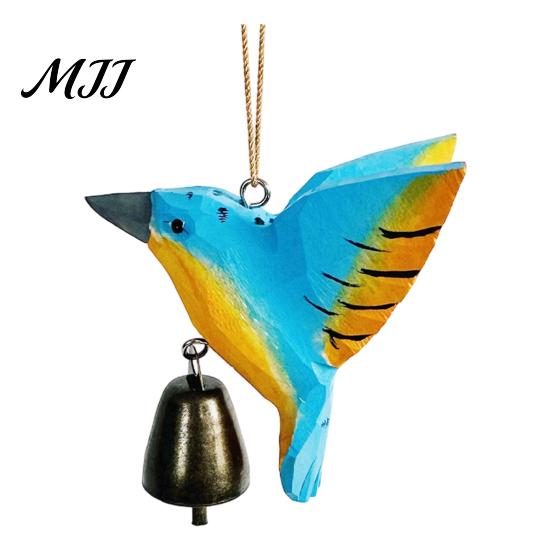 Eco Friendly Hanging Ornament Hand Carved Wooden Bird Wind Chime, Rustic Bell Decor Handmade Hummingbird Chimes with Rope, Wood Pendant for