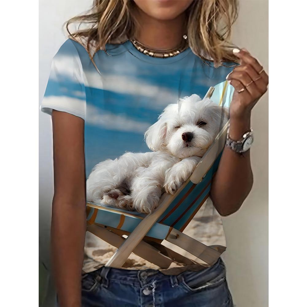 Summer Fashionable Comfortable T-shirt Women's Cute Anima 3D Printed Short Sleeved Round Neck Loose Oversized Soft Slightly Elastic T-shirt