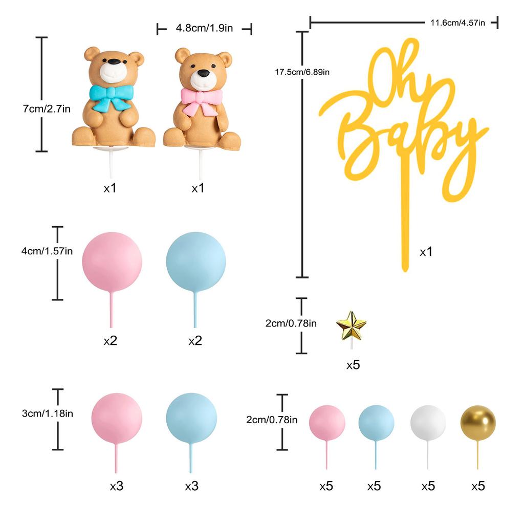 38 kusů Sada dekorací na dort s medvídkem - oh baby dortový topper, hvězdičky, perlové kuličky dekorace na dort pro odhalení pohlaví