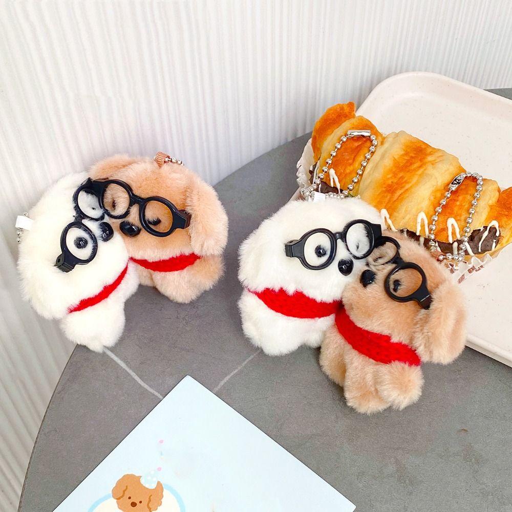 2Pcs Bag Hanging Plush Doll Keychain Cute Magnetic Dog Keychain Collar Glasses Dog Pendant Couple