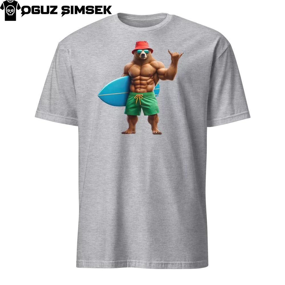

Unisex Short Sleeve T-Shirt: Beach Bear Surfer Graphic - Surf s Up Fun! 4XL