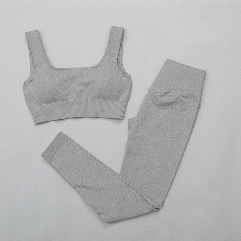 Women's Solid Color Seamless Ribbed Sports Bra and High Elastic Yoga Set